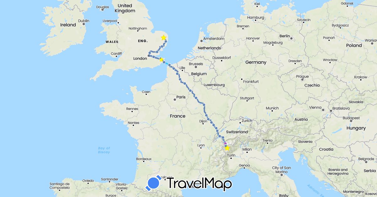 TravelMap itinerary: driving, bus, cycling, train, boat in Switzerland, France, United Kingdom, Italy (Europe)