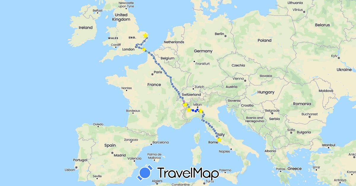 TravelMap itinerary: driving, bus, cycling, train, boat, cycling the river po in Switzerland, France, United Kingdom, Italy, Vatican City (Europe)
