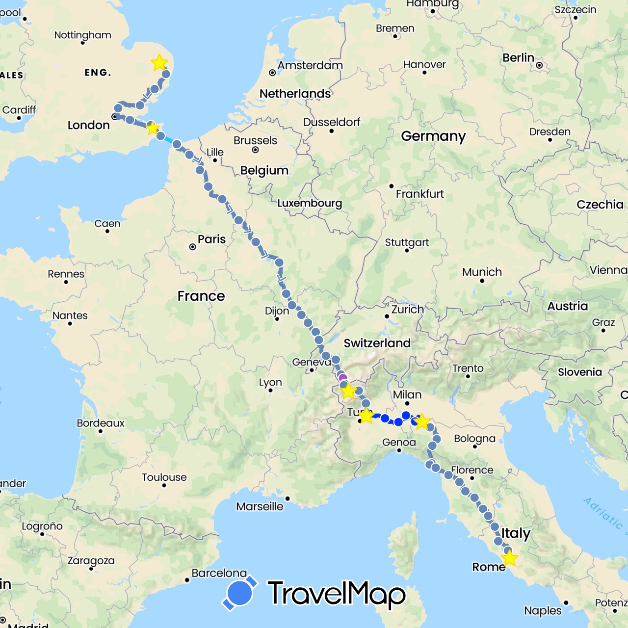 TravelMap itinerary: driving, bus, cycling, train, boat, cycling the river po in Switzerland, France, United Kingdom, Italy, Vatican City (Europe)