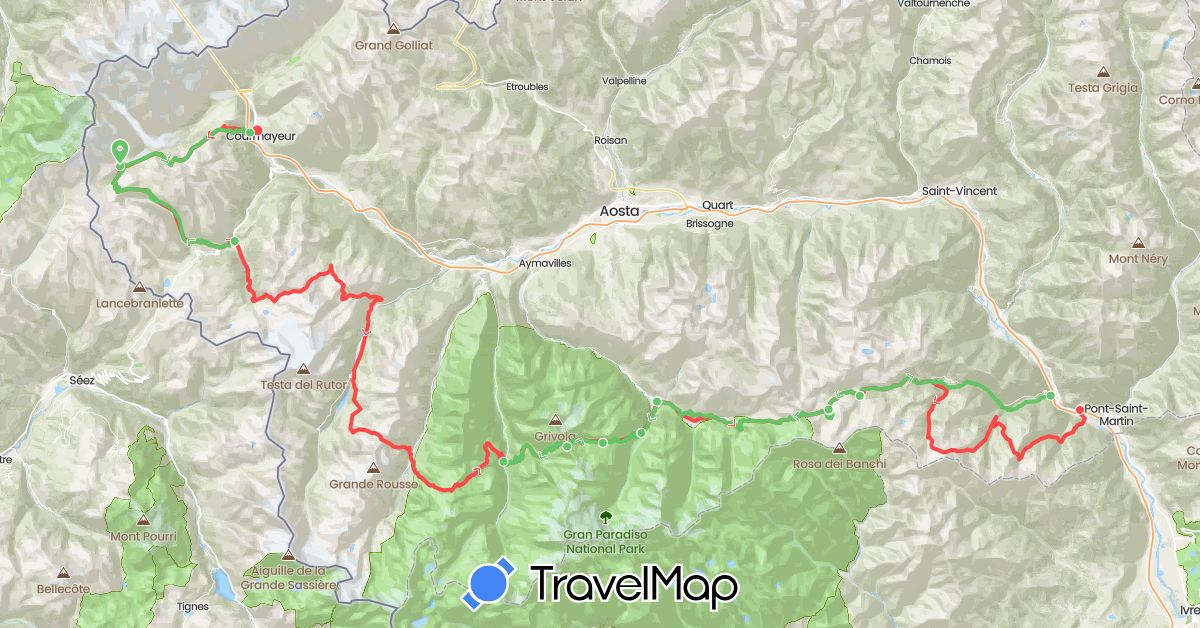 TravelMap itinerary: driving, hiking, hiking in Italy (Europe)