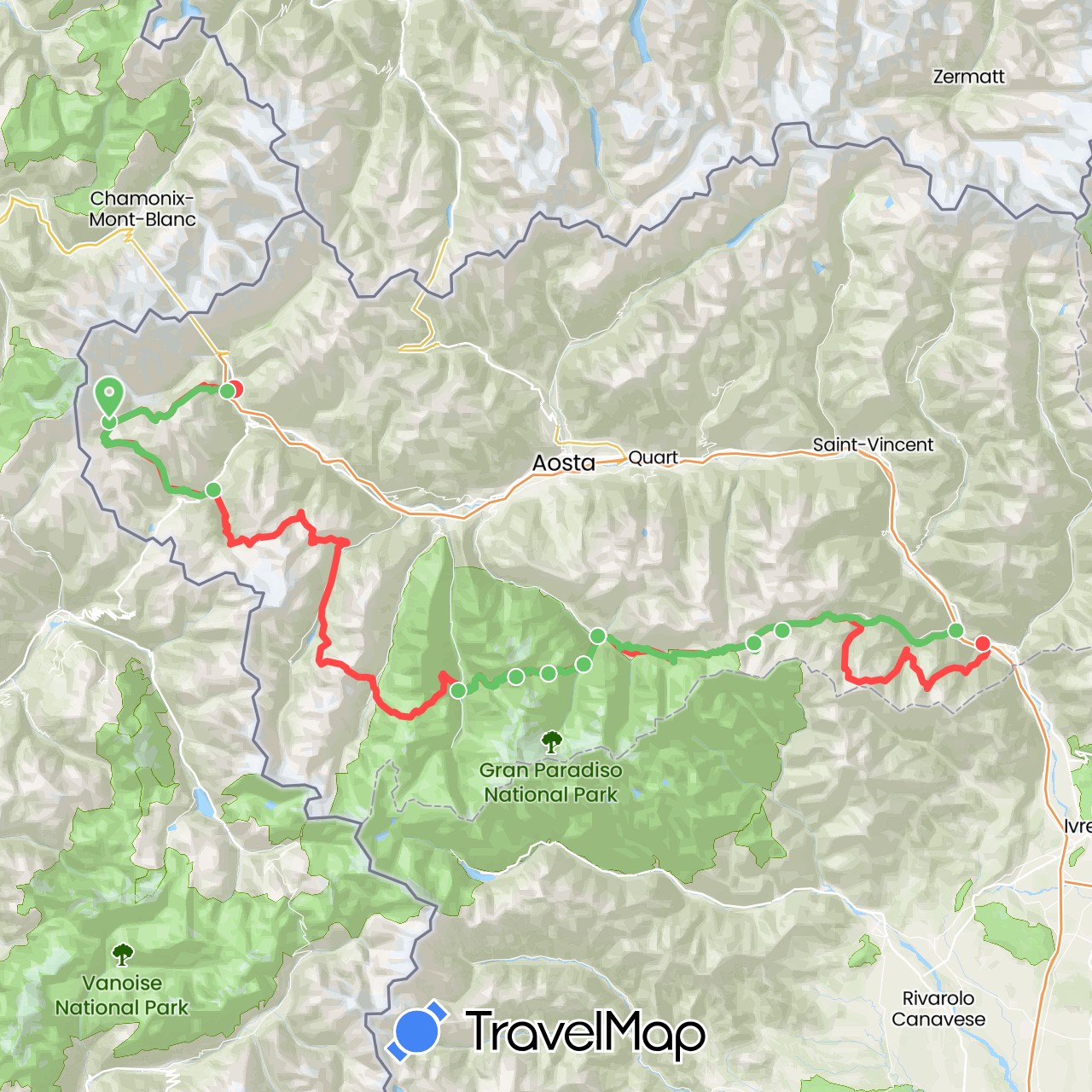 TravelMap itinerary: driving, hiking, hiking in Italy (Europe)