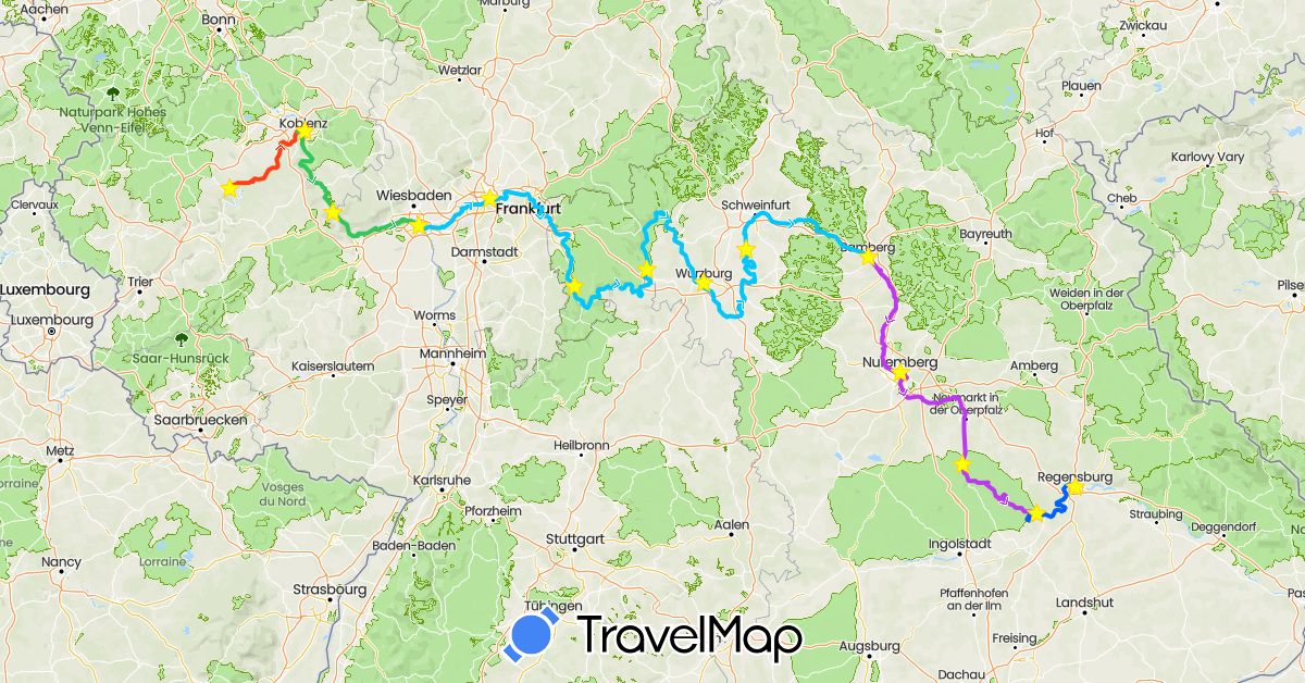 TravelMap itinerary: moselle, rhine, main, main-danube canal, danube in Germany (Europe)