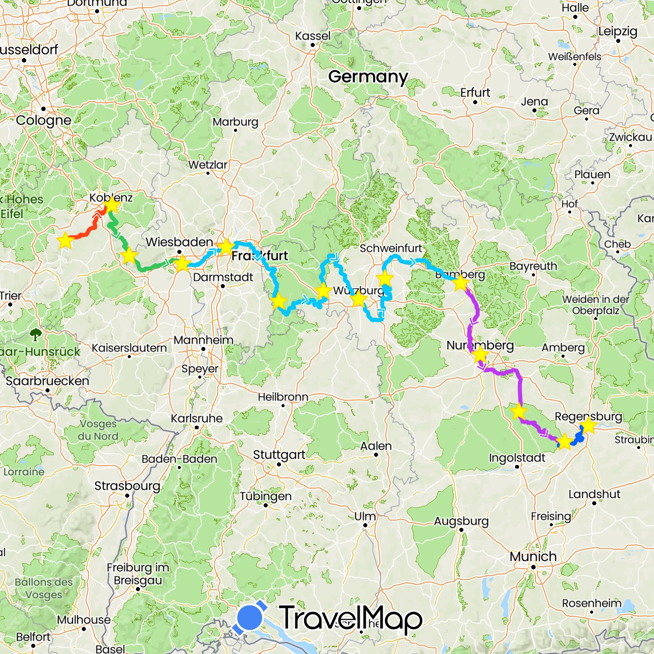 TravelMap itinerary: moselle, rhine, main, main-danube canal, danube in Germany (Europe)